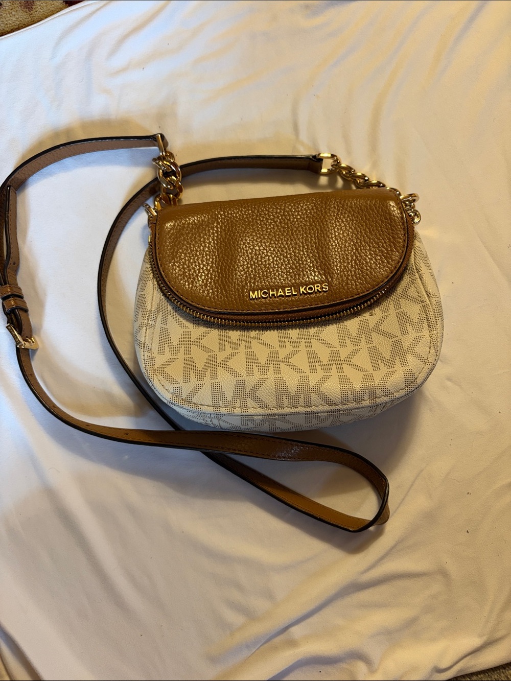 Michael Kors Tan and Ivory MK Logo Crossbody Saddle Bag